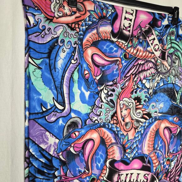 Ed Hardy Y2K Love Kills Slowly Snakes Mermaid Purple Blue Fringe Scarf Wrap NEW - Picture 2 of 7
